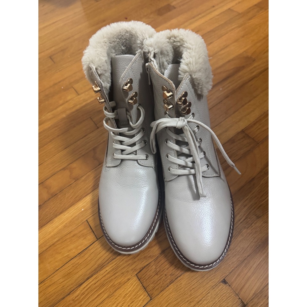 Alberto Torresi Women Light Grey Leather Faux Fur Trim Lace Up Combat Boots 40
